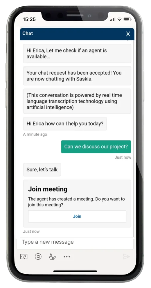 uWebChat på en telefon med en mødeinvitation i chatten