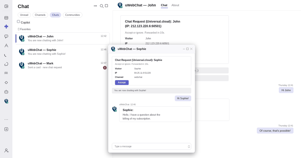 Let agents handle multiple live website chats at the same time, each in its own private Microsoft Teams conversation.